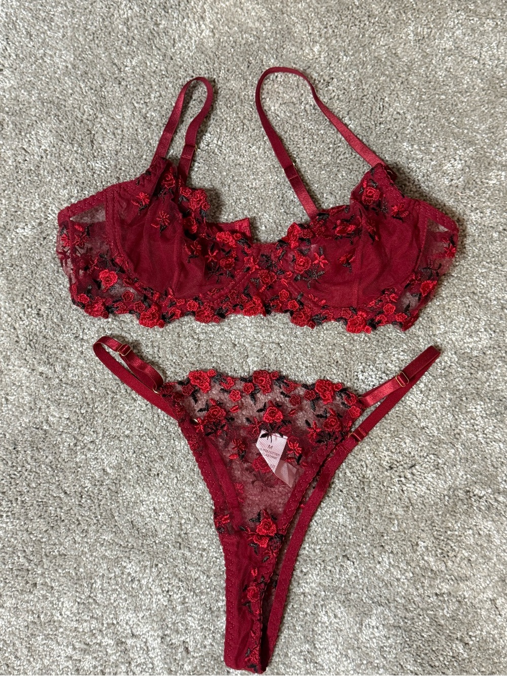 Sheer Floral Lace Bralette & Thong Set - Red